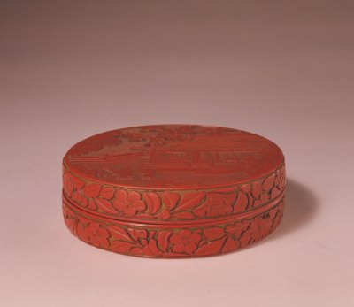 “张敏德”造剔红赏花图圆盒图案