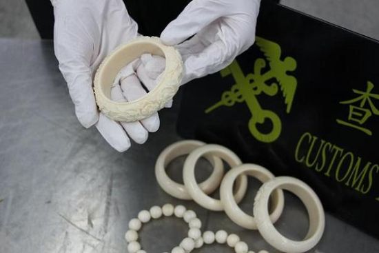 图为：查获的疑似象牙制品 梁少波/摄 　