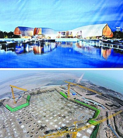 上图为设计图，下图为施工工地。