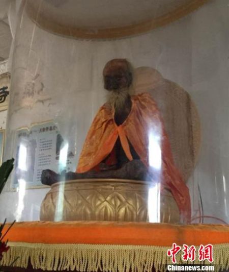 图为圆寂高僧吴云青不腐肉身供奉在灵泉寺一特制罩子内。　阚力　摄