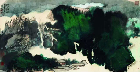 张大千1978 年作《云泉古寺》 泼墨泼彩纸本 镜框 估价1800万至2500万港元