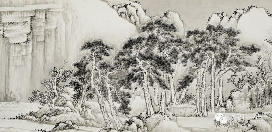 　　傅申临王翚仿沈周雪景山水图卷(局部)