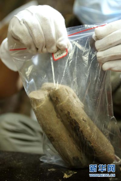 5月16日，工作人员对“暗格”新发现的残缺石质手指进行封装。
