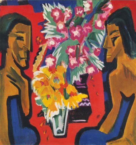 恩斯特·路德维希·克希纳作品《两件木雕和花朵》