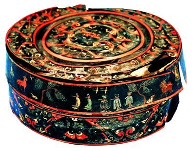 彩绘人物车马出行图圆奁