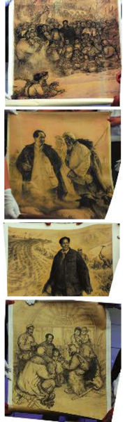 警方展示的《同欢共乐》、《 毛主席和牧羊人》、《 毛主席在大生产中》、《 拉家常》四幅作品（局部）