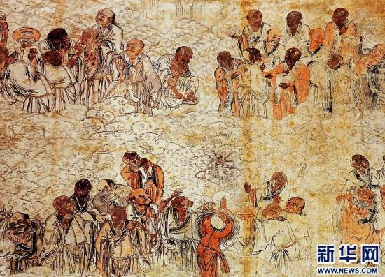 少林寺千佛殿内墙上的明代壁画“五百罗汉朝毗卢”