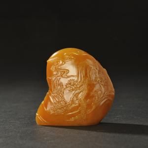 《深山访友薄意摆件》田黄石 H:3.9cm,36.8g