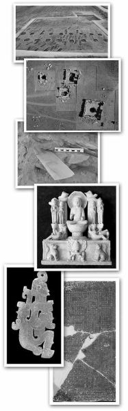 　图片从上至下依次为：顺山集新石器时代遗址Ⅱ区墓地全景、阿敦乔鲁墓地北区墓葬、石峁遗址外瓮城北端东侧出土玉铲、邺城遗址北齐白石透雕龙树背屏式造像、纪王崮春秋墓出土玉人、海龙囤遗址海龙山寺碑。