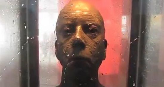 挪威的艺术家埃里克雕塑了一个人头雕像，放在艺廊供民众观赏，他附上了警告标语，劝告民众“不要盯着雕像的眼睛看。”(视频截图) 