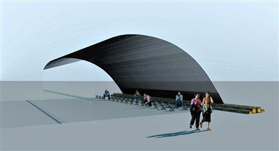 刘家琨作品《随风——由你选择2015》（效果图）充满寓意：原木象征着自然和初心，鱼竿是欲望的集合，垂下的线正是悬在头顶的达摩克利斯之剑。