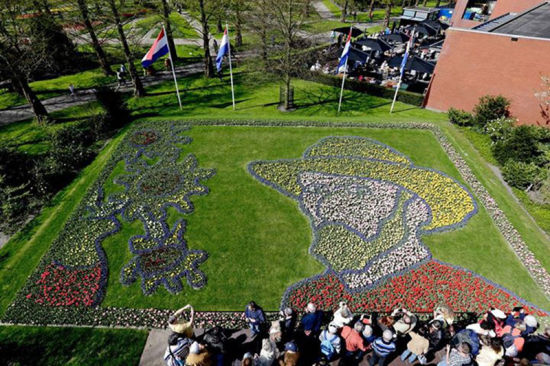 在荷兰库肯霍夫公园，4月22日，10名志愿者用上千朵郁金香和风信子，在国王广场上拼贴出占地250平米的荷兰画家梵高肖像，以此纪念梵高逝世125周年。活动方希望以这样的方式，缅怀这位闻名世界的荷兰艺术家（网页截图）