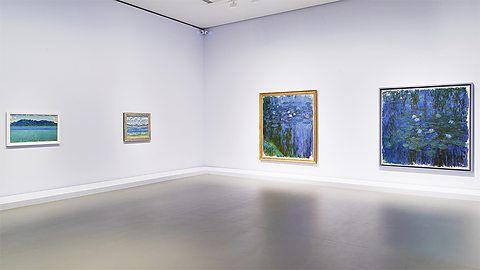费迪南德·霍德勒( 1853-1918 )作品(左两幅)。莫奈作品(右两幅)睡莲和蓝睡莲， 1916年至1919年