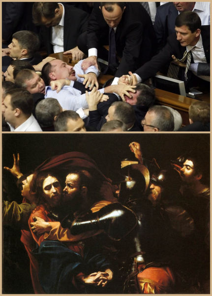 　　乌克兰议会群殴像(上图)与卡拉瓦乔的《基督被捕》