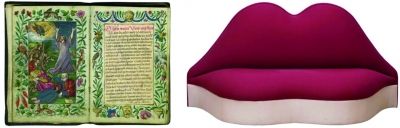 图为Les Enluminures 古书店展出的丢勒的祈祷书，右图为Patrick Derom Gallery 展出的达利的梅·维斯唇形沙发。