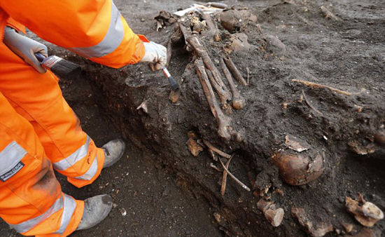 工人们正在挖掘骨骼残骸。（网页截图）