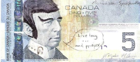 加拿大银行要求公民停止“史波克”五元钞票
