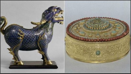 此次失窃的圆明园旧藏景泰蓝麒麟和金曼扎。