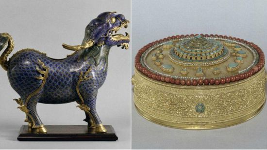 图片说明：此次失窃的圆明园旧藏景泰蓝麒麟和金曼扎