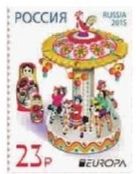 俄罗斯套娃和德姆科沃(Dymkovo)彩绘陶制玩具邮票