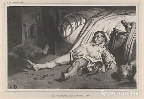 奥诺雷·杜米埃(Honoré Daumier)，Rue Transnonain，4月15日，1834，印刷者：Delaunois(法国，主要活跃在巴黎)，8月-9月，1834，石板画，36.4 x 55.1厘米。罗杰斯基金会，1920。归大都会艺术博物馆所有。