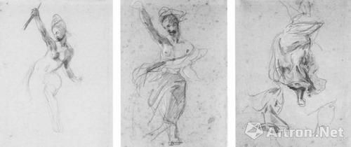 欧仁·德拉克罗瓦(Eugène Delacroix)，自由女神的三幅研究，1830年，7月28日，黑铅，以白色加强。卢浮宫收藏。
