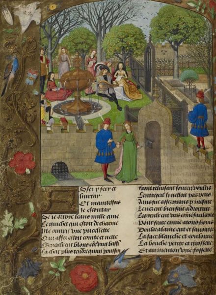 “欢迎”将恋人带入爱之乐园，《玫瑰传奇》大英图书馆哈雷手稿，15世纪晚期