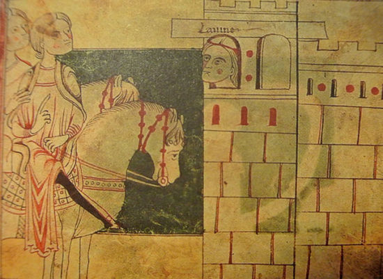 拉维妮娅对埃涅阿斯一见倾心，《埃涅阿斯纪》插图，1215年