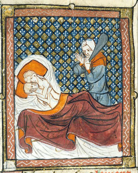 火神伏尔甘将妻子维纳斯与战神马尔斯捉奸在床，埃格尔顿手稿，1380年，法国