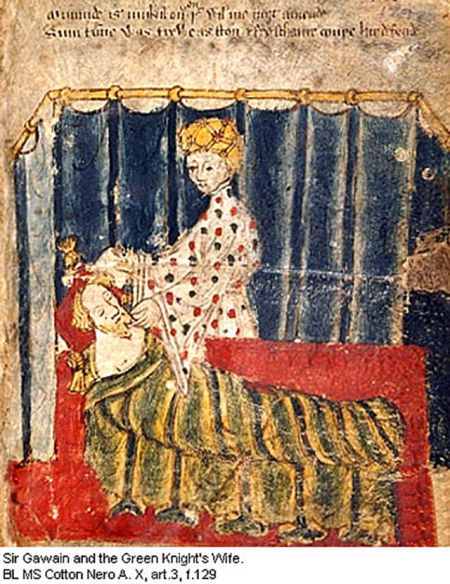 绿骑士之妻色诱高文爵士并赠送他绿色腰带，柯顿·尼禄手稿，14世纪后半叶，英国