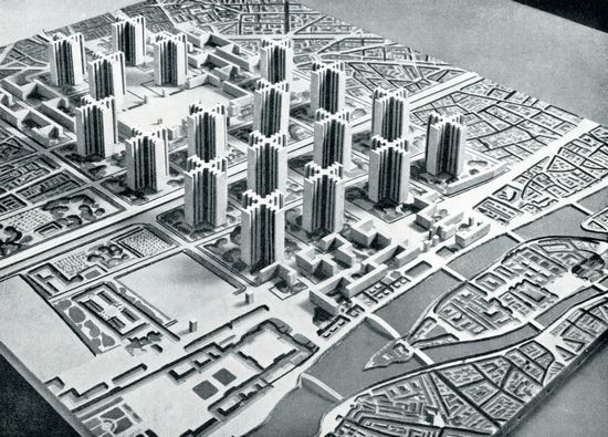 勒柯布西耶为巴黎设计的“邻里”方案将摩天楼引进了历史街区，这一疯狂想法从未实行。