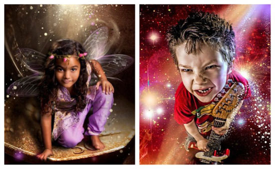 左图中，4岁女孩莎哈娜·霍伊勒（Sahana Hoyle）变身仙女。右图中，7岁男孩科迪·钱伯斯（Cody Chambers）化身摇滚明星。