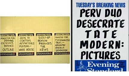  Conrad Atkinson的“Billboard”系列作品(左)，吉尔伯特与乔治的《Perv Duo Desecrate Tate Modern: Pictures(2007)》(右)
