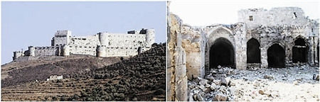 左图 霍姆斯市附近的骑士堡（2013年8月19日拍摄）建于公元12世纪。新华／法新 右图 历经战火的骑士堡内碎石满地（2014年3月21日拍摄）。 新华／法新