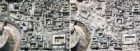 左图 阿勒颇市古建筑（2010年11月21日拍摄）。 新华／法新 右图 经历战火后阿勒颇市古建筑（2014年10月22日拍摄）。 新华／法新