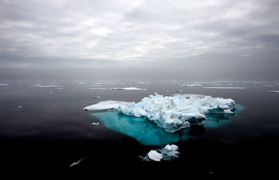 2008年7月，一座消融中的冰山浮在斯瓦尔巴特群岛的海面上。(网页截图)