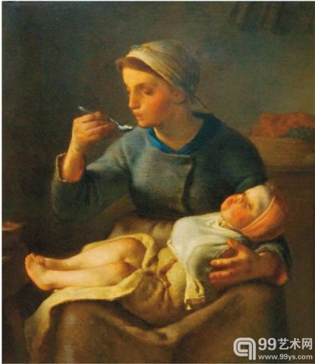 米勒 喂粥 油画