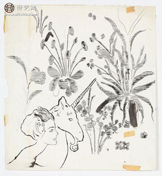 《女性头部、独角兽和鲜花》，安迪·沃霍尔，1957