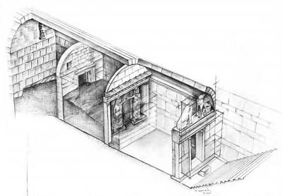 古墓中已发掘四道墓室。遗骸位于右边起第三室，右边起第一室门口为两座狮身人面像，第二室门口为两座女性雕像。