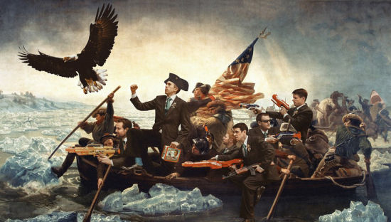 在Photoshop的帮助下，新郎斯塔克与伴郎们重现《华盛顿横渡特拉华河》场景，这是德国裔美国艺术家伊曼纽尔·戈特利布·洛伊策（Emanuel Gottlieb Leutze）1851年绘制的油画。