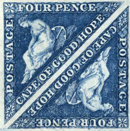 图：英国Perkins Bacon & Co于1853年，印製了一批罕见的三角形邮票，收藏家安排于南非拍卖，估值每枚逾万英镑