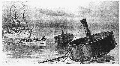 被击沉的“致远”舰只剩下桅杆和桅盘露在海面上(翻拍)