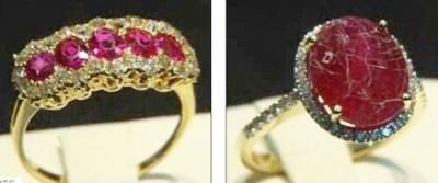 真假红宝石戒指用洗涤液浸泡后的对比图(左侧为真，右侧为假)