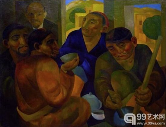 《柴克哈纳与列宁的肖像》(Chaikhana with the Portrait of Lenin)，作者／亚利桑德·沃尔科夫(Alexander Volkov)。这是被苏联时期被查禁的艺术品之一，现存于卡拉卡尔帕克斯坦共和国的国家艺术博物馆中。