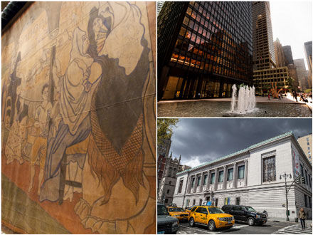 （左）毕加索“Le Tricorne”挂毯；（右上）Seagram大楼的四季餐厅；（右下）纽约历史协会