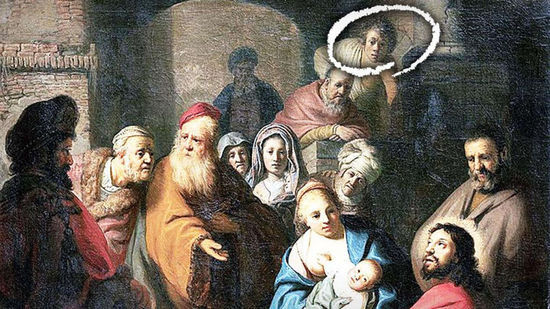 图为当天拍卖的油画，竞拍成功者认为白色圆圈内的年轻人就是伦勃朗。