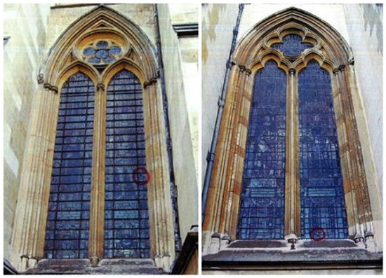 红圈处为被砸的两块彩色玻璃（网页截图）