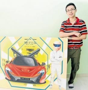 钟爱汽车的他经常在画作中设计炫目的跑车。（马来西亚《南洋商报》）