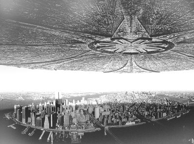 电影《独立日》中飞碟在城市上空投下巨大阴影的剧照 资料图片