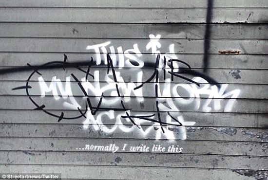 但是，同样，这幅涂鸦也遭到了破坏——有人在作品上面喷绘了自己的标志。